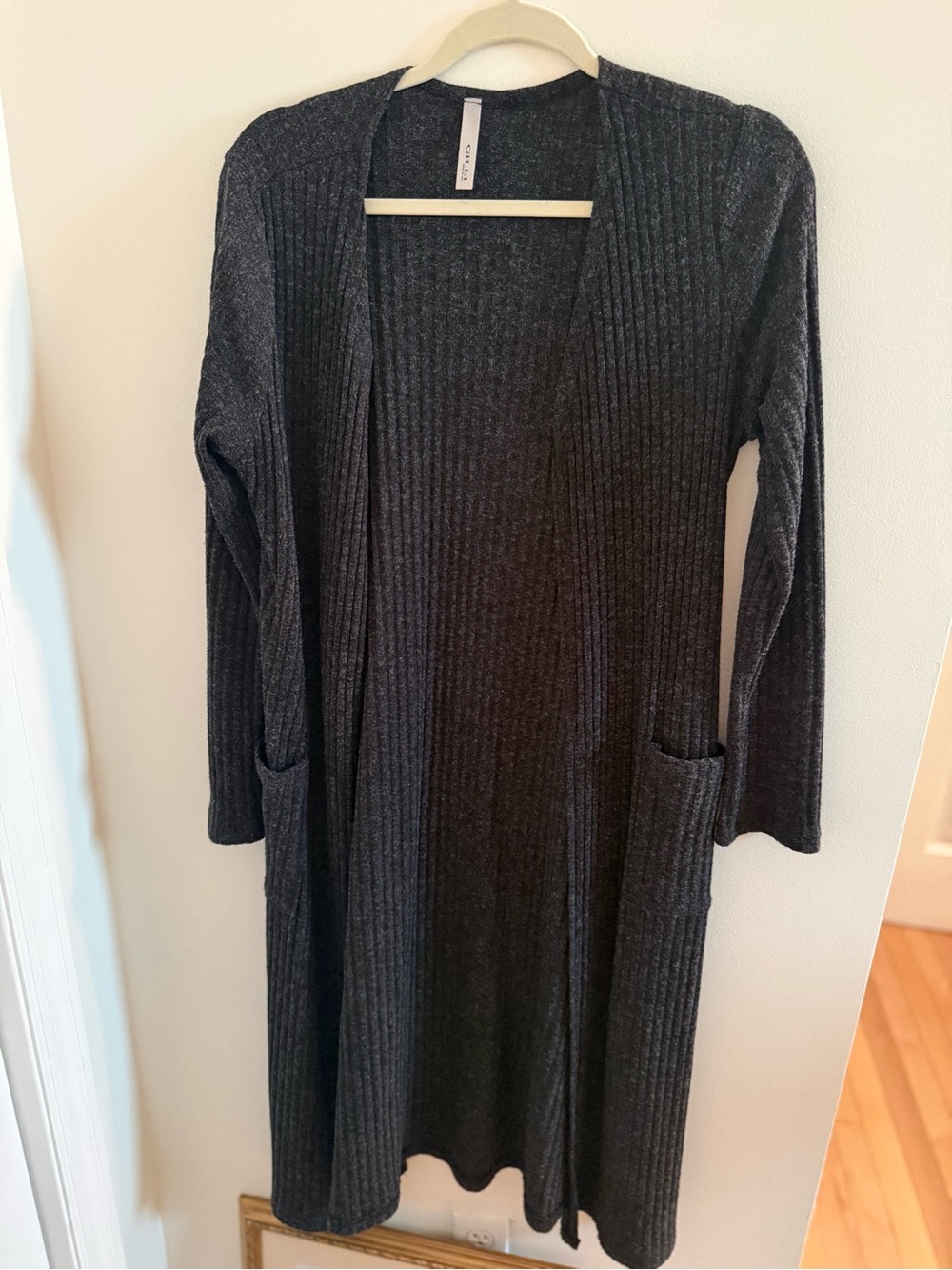 Gilli Charcoal Ribbed Open-Front Long Cardigan